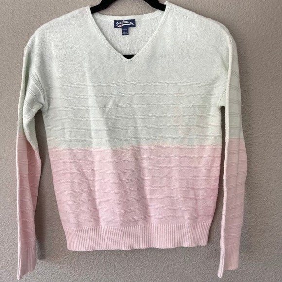 Freshman Colorblock Pink White Knit V-Neck Girls Long Sleeve Sweater Medium 8/10 - Picture 2 of 9